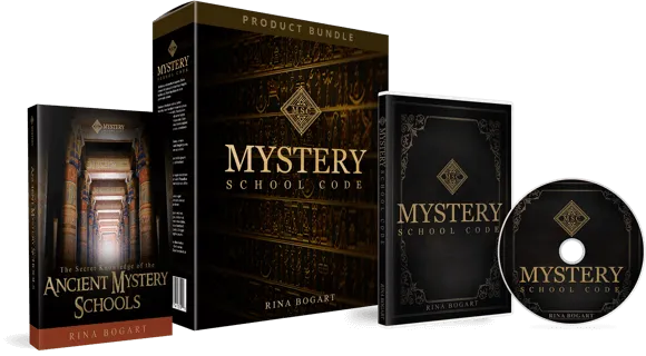 Mystery School Code complete program line-up: the gold-on-black program box, disc and case, and the Ancient Mystery Schools companion book