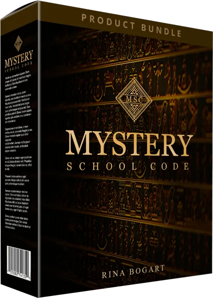 The Mystery School Code program box, printed in gold on a black hieroglyph background with the MSC diamond emblem and the name Rina Bogart